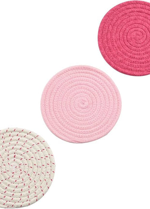 Kitchen Potholders Set Trivets Set 100% Pure Cotton Thread Weave Hot Pot Holders Set (Set of 3) Stylish Coasters, Hot Pads, Hot Mats, Spoon Rest For Cooking and Baking by Diameter 7 Inches (Pink)