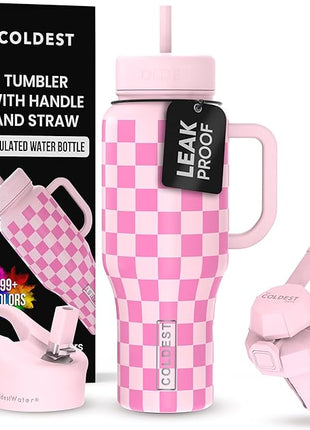 Coldest Tumbler with Handle and Straw - 100% Leak Proof Insulated Tumbler with Lid and Straw (3 Lids) - Stainless Steel Tumblers for Women & Men - Cup Holder Friendly Base, 36 oz (Pink Checkers)