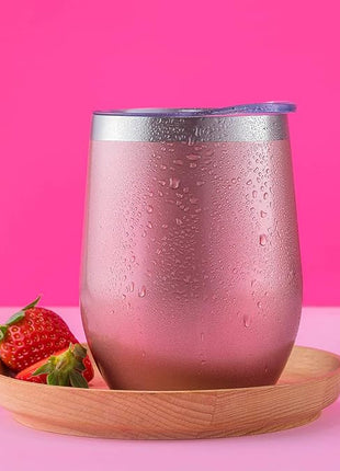 CHILLOUT LIFE 12 oz Stainless Steel Wine Tumbler with Lid - Double Wall Vacuum Insulated Wine Cup Glass Keeping Cold & Hot for Coffee, Champagne, Cocktails, Ice Cream - Rose Gold