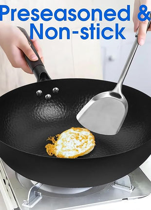 12.5 Inch Carbon Steel Wok For Electric, Induction and Gas Stoves (Lid, Spatula and User Guide Video Included)