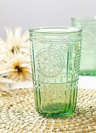 Bormioli Rocco Romantic Set Of 4 Cooler Glasses, 16 Oz. Colored Crystal Glass, Pastel Green, Made In Italy.