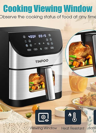Air Fryer TINPOO 6.2 QT Oilless Large Capacity 1500W Oven Air Fryers Healthy Cooker with 10 Preset, Visual Cooking Window, Non-Stick Basket