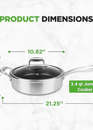 NutriChef 3.4QT Deep Frying Pan with Lid - Stainless Steel Non-Stick Saute Pan, Scratch-Resistant Honeycomb Texture, Oven & Induction Safe Skillet