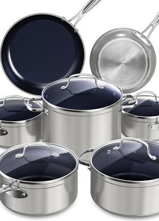 Nuwave Healthy Duralon Blue Ceramic Nonstick Cookware Set, Diamond Infused Scratch-Resistant, PFAS Free, Dishwasher & Oven Safe, Induction Ready & Evenly Heats, Tempered Glass Lids & Stay-Cool Handles