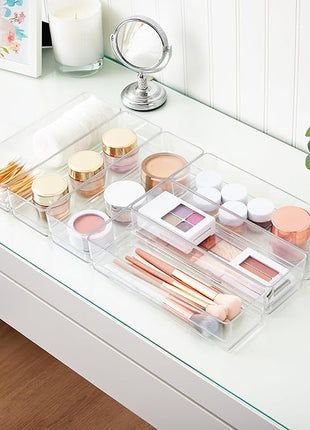 STORi SimpleSort 6-Piece Stackable Clear Drawer Organizer Set | 9" x 3" x 2" Rectangle Trays | Narrow Makeup Vanity Storage Bins and Office Desk Drawer Dividers | Made in USA