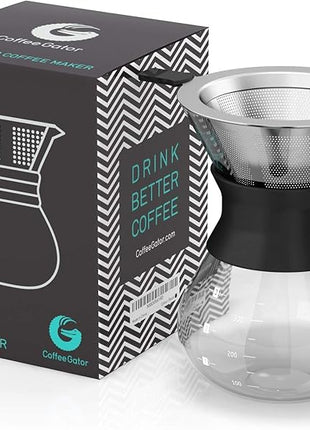 Coffee Gator Pour Over Coffee Maker Portable - 10.5oz High Heat Borosilicate Glass w/Reusable Stainless Steel Filter, Drip Coffee Brewer Pourover Dripper Set Carafe, 300ml Black