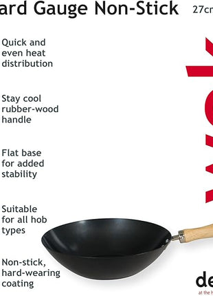 Dexam 12108411 Non Stick Carbon Steel Wok With Wood Handle 27cm/10.5 -inch, Black (Non-stick Coating)