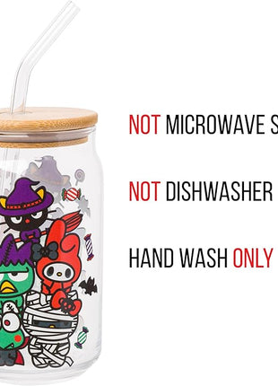 Silver Buffalo Sanrio Hello Kitty &Friends Halloween Spooky Badtz-Maru Frankenstein,Chococat Witch,My Melody Ghost,Keroppi Vampire,Mummy Glass Jar Tumbler w Bamboo Lid&Glass Straw,16oz(Pack of 12)
