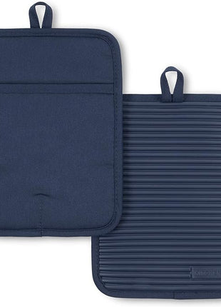 KitchenAid Ribbed Soft Silicone Pot Holder 2-Pack Set, Ink Blue, 7"x9"