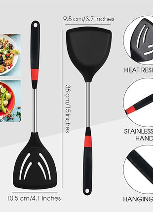 3 Pieces Silicone Stainless Steel Turner Spatula Set Includes Flexible Silicone Wok Spatula Slotted Spatula Skimmer Slotted Spoon for Nonstick Cookware Cooking Baking Supplies