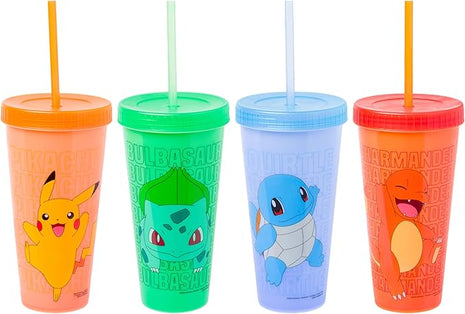Silver Buffalo Pokémon Boxed 4 pack Color Change Plastic Tumbler Featuring Pikachu, Charmander, Bulbasaur, and Squirtle, 24 Ounces