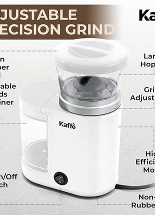 Kaffe Electric Burr Coffee Grinder (5.5oz) w/Adjustable Coarseness Settings - Flat Burr - [New Upgraded Motor ] - Precision Coffee Bean Grinder for Home Use - White