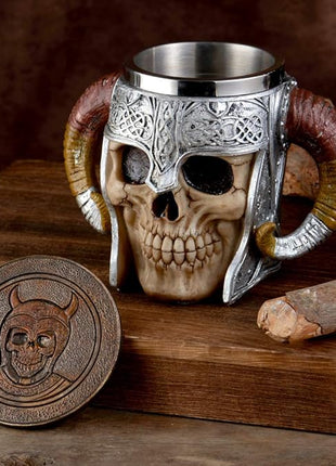 Stainless Steel Viking Skull Mug+Coaster,Double Handle Horn Skull Beer Mug Tankard, Medieval Drinkware Mug for Coffee/Beverage/Juice17oz.