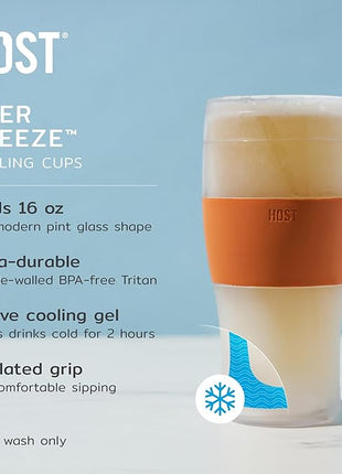 Host FREEZE Beer Glasses, Frozen Brew Mugs, Freezable Pint Glass Set, Insulated Beer Glass to Keep Your Drinks Cold, Double Walled Insulated Glasses, Gift for Dad, 16oz, Set of 2, Burnt Orange