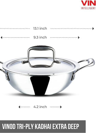 Vinod Platinum Triply Stainless Steel Kadai | Suitable For Indian Cooking, Sauces, Stews, Soups | Extra Deep Kadai With Lid | Induction, Electric Friendly (22cm)