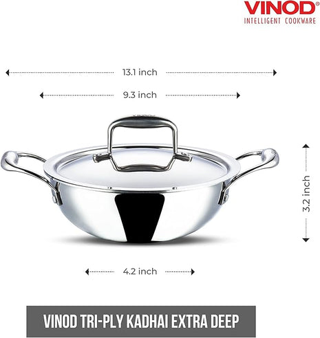 Vinod Platinum Triply Stainless Steel Kadai | Suitable For Indian Cooking, Sauces, Stews, Soups | Extra Deep Kadai With Lid | Induction, Electric Friendly (22cm)
