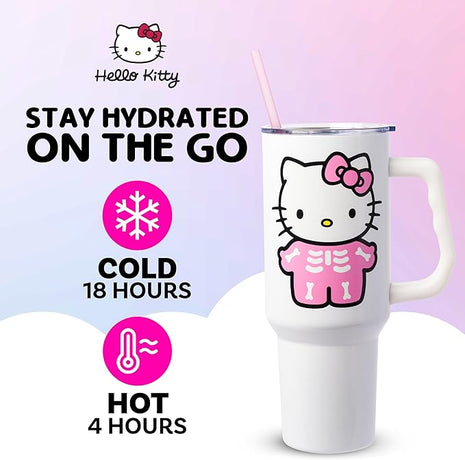 Silver Buffalo Sanrio Hello Kitty Halloween Spooky Skeleton Costume Stainless Steel Tumbler with Handle and Straw, Fits in Standard Cup Holder, 40 Ounces