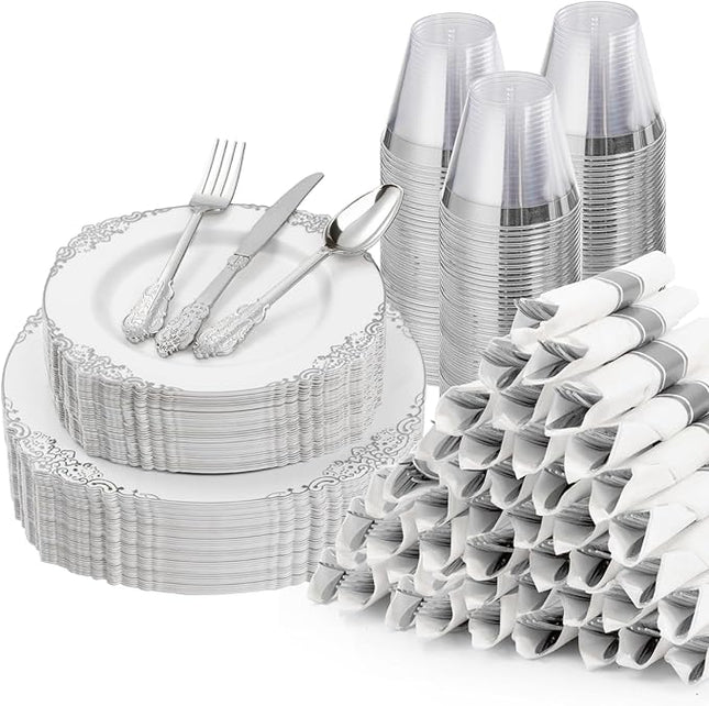 350PCS Silver Plastic Plates for 50 Guests, Disposable Dinnerware Sets Include 100 Silver Rim Plastic Plates, 50 Silverware, 50 Pre Rolled Napkins for Party, Wedding & Decor