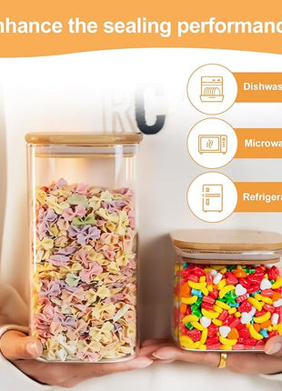 Glass Storage Jars 6 Pack -50oz (10cmx20cm)Clear Glass Food Storage Containers with Airtight Bamboo Lid Stackable Kitchen Canisters for Candy,Cookie,Rice,Sugar,Flour,Pasta,Nuts and Spice Jars(Square)