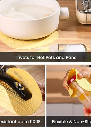 4 Pieces Oven Mitts and Pot Holders of Macaron Color Thickened Non-Slip Silicone Kitchen Gloves, Heat Resistant up to 500F, Essential for Kitchen Baking(makal-Huang)