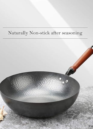 BIELMEIER 12.5" Wok Pan- Woks and Stir Fry Pans, Carbon Steel Wok, Flat Bottom Wok with Lid Suits for all Stoves