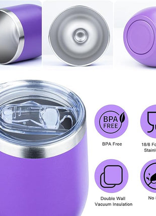 MEZMUT 12 Oz Insulated Wine Tumbler with Lid Double Wall Vacuum Stainless Steel Wine Glass Coffee Mug Insulated Tumbler Cup for Champaign, Cocktail, Beer (Purple, 4 Pack)