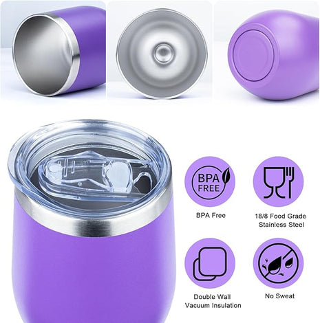 MEZMUT 12oz Insulated Wine Tumbler with Lid Double Wall Vacuum Stainless Steel Wine Glass Coffee Mug Insulated Tumbler Cup for Champaign, Cocktail, Beer (Purple, 1 Pack)