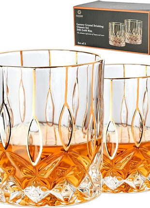 GLASKEY Gold Rim Whiskey Glasses Set of 2,Crystal Old Fashioned Glasses-Luxury Gold Collection,Perfect for Scotch Bourbon Rocks Cognac Vodka Gin Tequila Rum Liquor,Whiskey Gifts for Men