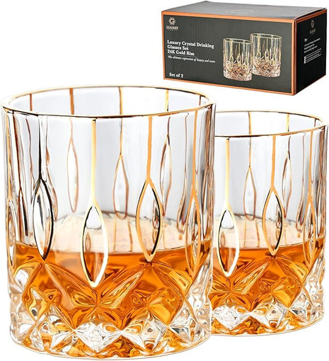 GLASKEY Gold Rim Whiskey Glasses Set of 2,Crystal Old Fashioned Glasses-Luxury Gold Collection,Perfect for Scotch Bourbon Rocks Cognac Vodka Gin Tequila Rum Liquor,Whiskey Gifts for Men