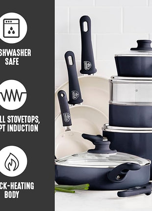 GreenLife 16 Piece Nonstick Cookware Set, Soft Grip Non-Toxic PFAS-Free Ceramic Pots & Pans, Dishwasher & Oven Safe, Frying, Sauce, Utensils, Glass Lids, Stay-Cool Handles, Wobble Free, Black & Cream