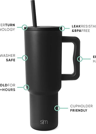 Simple Modern 40 oz Trek Tumbler with Handle and Straw Lid | Cup Holder Friendly Insulated Stainless Steel Travel Mug | Midnight Black (Pack of 12)