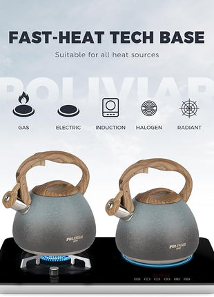 POLIVIAR Tea Kettle, 2.7 Quart Stovetop Tea Kettle, Audible Whistling Teapot with Crackle Finish, Food Grade Stainless Steel for Anti-Rust, Anti Hot Handle, Suitable for All Heat Sources (JX2023-LYL)