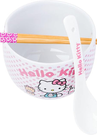 Silver Buffalo Sanrio Hello Kitty Pink Polka Dot Teddy and Strawberry Milk Ceramic Ramen Noodle Rice Bowl with Chopsticks and Spoon, Microwave Safe, 20 Ounces