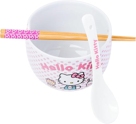 Silver Buffalo Sanrio Hello Kitty Pink Polka Dot Teddy and Strawberry Milk Ceramic Ramen Noodle Rice Bowl with Chopsticks and Spoon, Microwave Safe, 20 Ounces