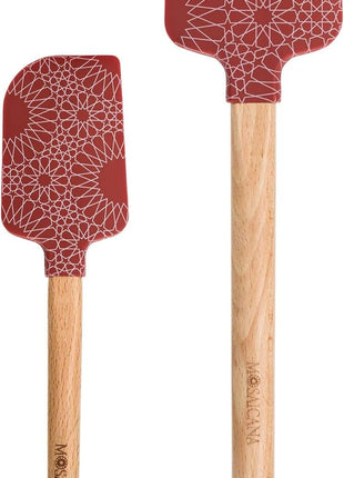 Silicone Spatula set of 2 with wooden handle and stunning pattern (Red)