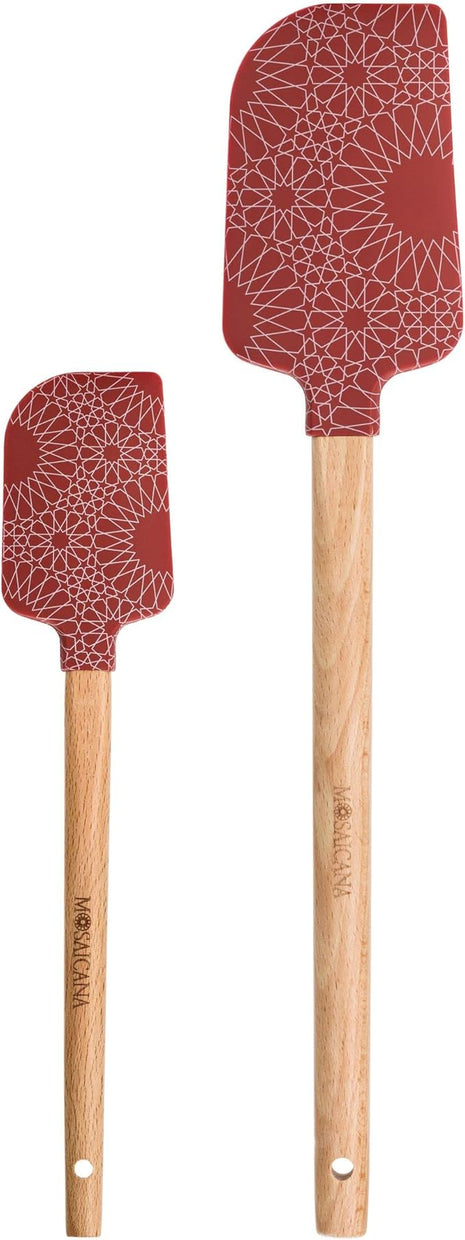 Silicone Spatula set of 2 with wooden handle and stunning pattern (Red)