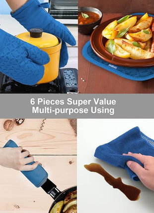 KEGOUU Oven Mitts and Pot Holders 6pcs Set, Kitchen Oven Glove High Heat Resistant 500 Degree Extra Long Oven Mitts and Potholder with Non-Slip Silicone Surface for Cooking (Royal Blue)