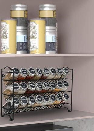 SWOMMOLY Spice Rack Organizer with 24 Empty Glass Spice Jars, 396 Spice Labels with Chalk Marker and Funnel Complete Set, for Countertop, Cabinet or Wall Mount, Black