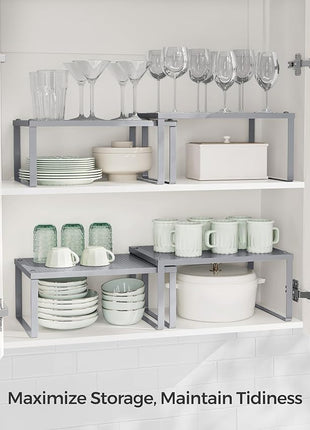 SONGMICS Spice Racks, Set of 2 Metal Cabinet Shelf Organizers, Countertop Organizers, Shelf Risers, Stackable, Expandable, Silver UKCS01SV