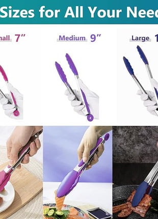 Kitchen Tongs Set of 3, Cooking Tongs with Silicone Tips, Non-Scratch Heat Resistant Tongs for Grilling Cooking BBQ Salad Buffet (Pink/Purple/Navy, 7/9/12 Inch)