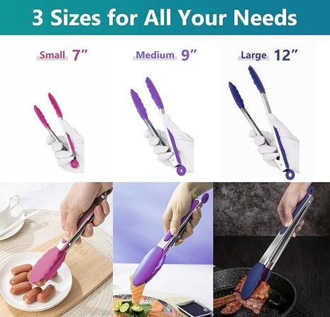 Kitchen Tongs Set of 3, Cooking Tongs with Silicone Tips, Non-Scratch Heat Resistant Tongs for Grilling Cooking BBQ Salad Buffet (Pink/Purple/Navy, 7/9/12 Inch)