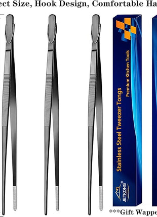 JETKONG 14-Inch Long Stainless Steel Thin Tongs Heavy Duty Kitchen Cooking Tweezers Tongs, Set of 3 (14 14 14 Inch, Black)