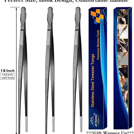 JETKONG 14-Inch Long Stainless Steel Thin Tongs Heavy Duty Kitchen Cooking Tweezers Tongs, Set of 3 (14 14 14 Inch, Black)
