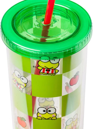 Silver Buffalo Sanrio Hello Kitty and Friends Keroppi Green Checkered Plastic Cold Cup with Lid and Straw, 20 Ounces