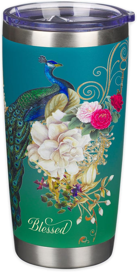 Christian Art Gifts Stainless Steel Double Wall Vacuum Insulated Tumbler 18 oz Peacock Teal Travel Mug with Retractable Lid Inspirational Bible Verse for Women - Blessed Faith -Jeremiah 17:7
