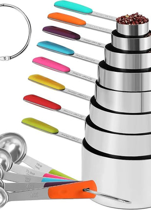 13-Piece Measuring Cups and Spoons Set Stainless Steel for Cooking & Baking (8 Cups +5 Spoons, Colorful）