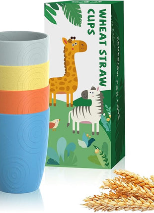 Homienly Kids Cups Premium Wheat Straw Cups Set of 4, Reusable Cups, Unbreakable Drinking Cup 12 OZ, Dishwasher and Microwave safe, Tumbler for Juice, Drinks, Milk - Beach Color