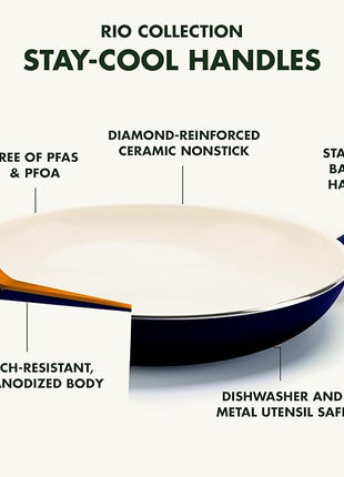 GreenPan Rio 16 Piece Cookware Set, PFOA and PFAS-Free, Healthy Ceramic Nonstick, Dishwasher Safe Easy Clean Durable Performance, Blue