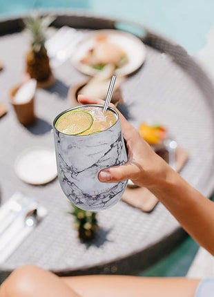 THILY Stainless Steel Stemless Wine Tumbler 4 Pack Vacuum Insulated Travel Wine Glasses Set with Sliding Lids and Straws, Keep Cold for Juice, Cocktails, Beer, Party, Christmas Gift, White Marble