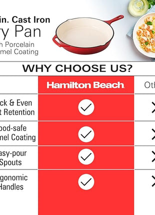 Hamilton Beach Enameled Cast Iron Fry Pan 12-Inch Red, Cream Enamel Coating, Skillet Pan for Stove Top and Oven